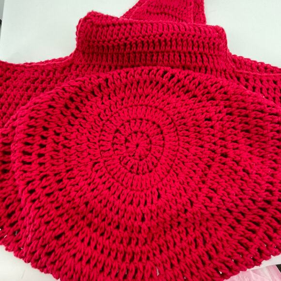 Handmade Red Crochet Granny Bottom Large Stretchy Shoulder Bag Market Tote Tote - Picture 7 of 11